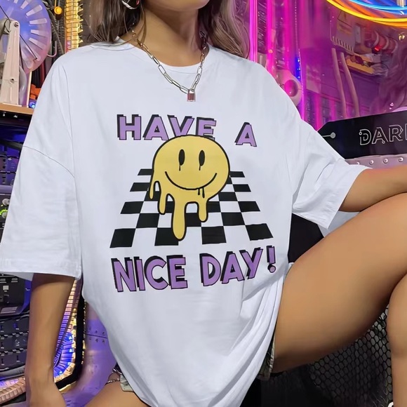 Smiling Face & Race Track Print T-Shirt, Casual Drop Shoulder Top - Picture 2 of 3